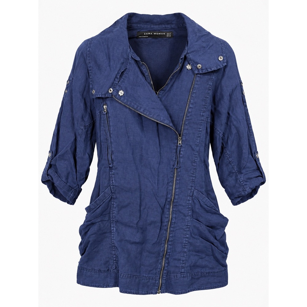 Zara Woman Navy Blue 100% Linen Asymmetric Zip Moto Jacket Size M